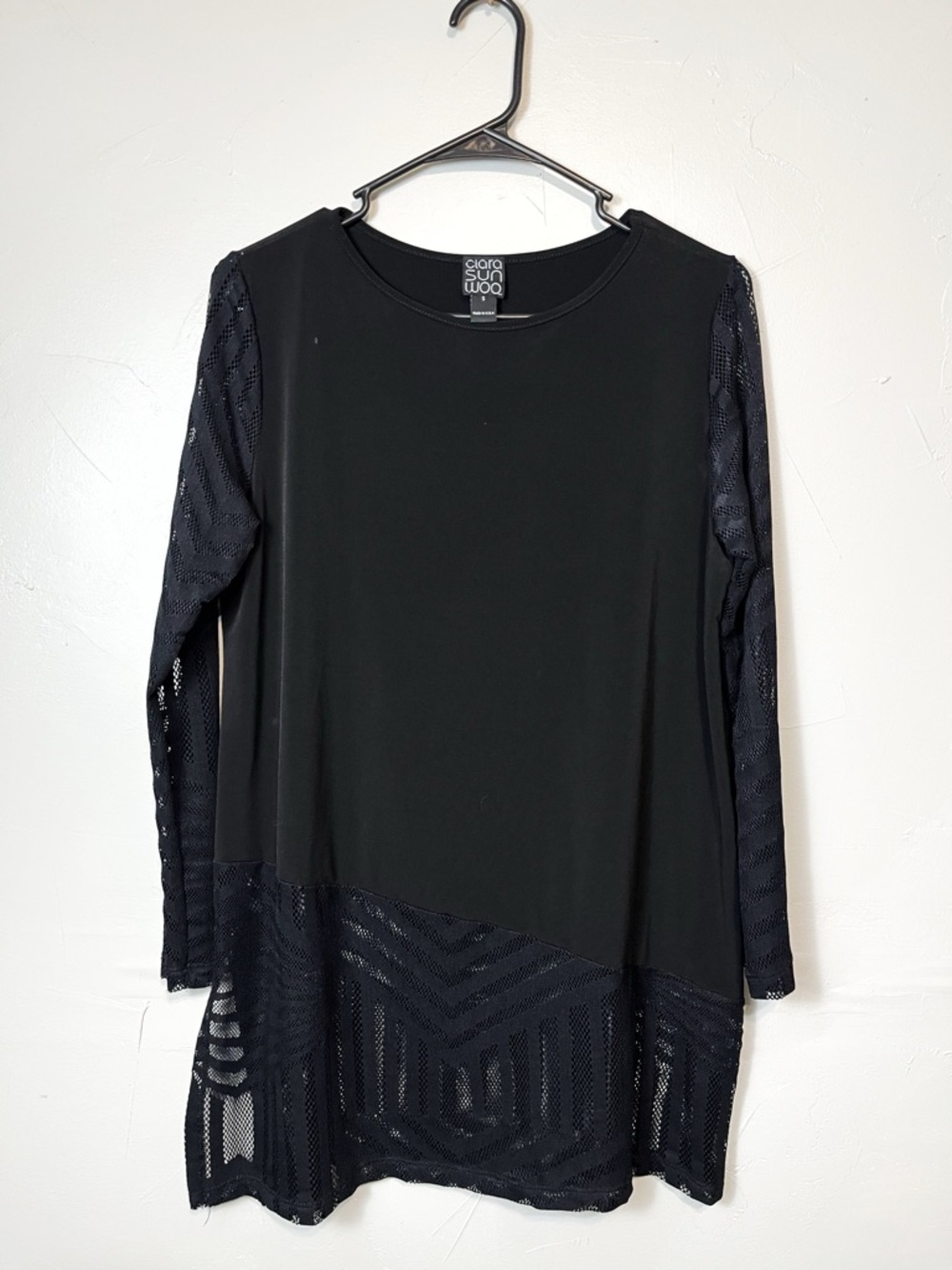 Clara Sun Woo Black Perforated Sleeve + Trim Tunic Blouse Size Small